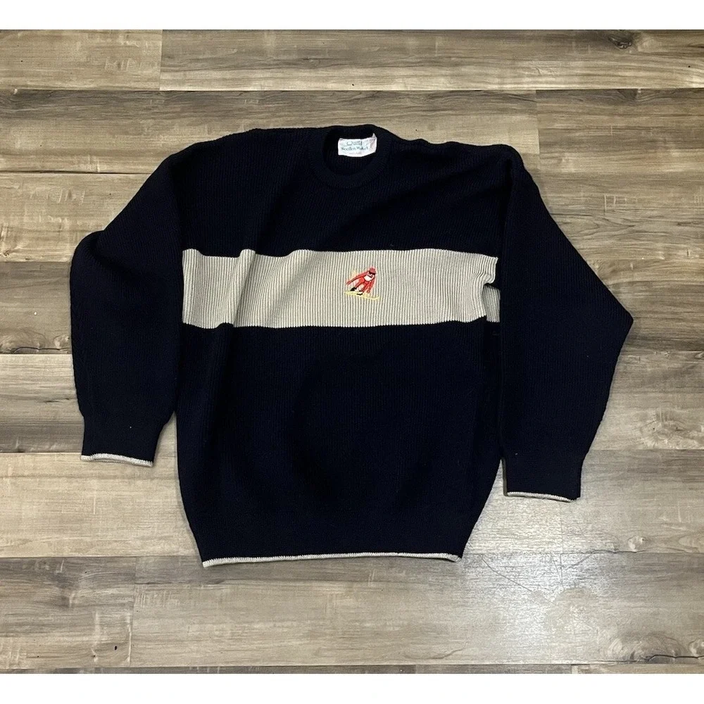 Quill's Woolen Market Men's Large Navy / Beige Sweater 100% Wool Ski Skier Image